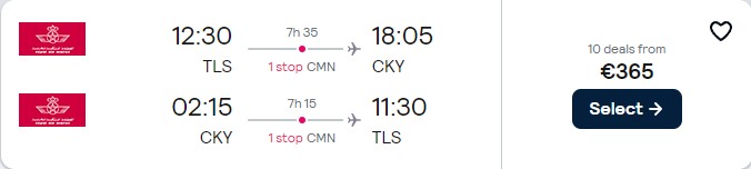 Cheap flights from Toulouse, France to Conakry, Guinea for only €365 roundtrip with Royal Air Maroc. Flight deal ticket image.