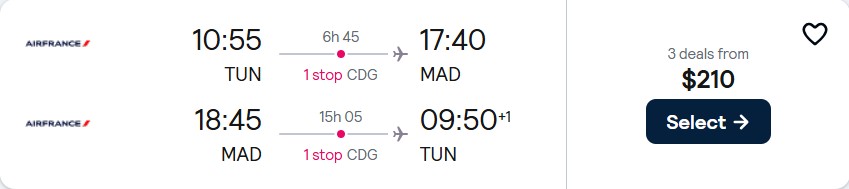 Cheap flights from Tunis, Tunisia to Madrid, Spain for only $210 USD roundtrip with Air France. Flight deal ticket image.