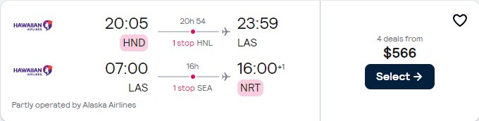 Cheap flights from Tokyo, Japan to Las Vegas, USA for only $566 USD roundtrip with Hawaiian Airlines and Alaska Airlines. Flight deal ticket image.