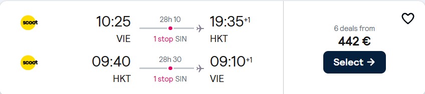 Cheap flights from Vienna, Austria to South-East Asia from only €442 roundtrip. Flight deal ticket image.