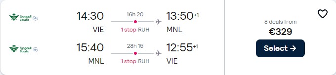 Click here to book this cheap flight deal. Cheap flights from Vienna, Austria to Manila, Philippines for only €329 roundtrip. Flight deal ticket image.
