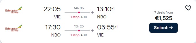 Click here to book this cheap flight deal. Business Class flights from Vienna, Austria to Nairobi, Kenya for only €1525 roundtrip. Flight deal ticket image.