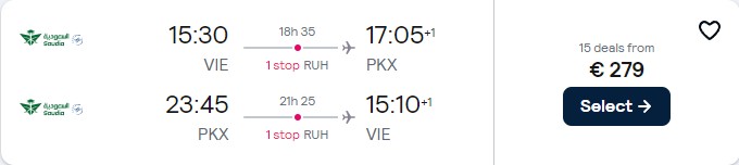 Cheap flights from Vienna, Austria to Beijing, China for only €279 roundtrip. Flight deal ticket image.