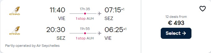 Cheap flights from Vienna, Austria to the Seychelles for only €493 roundtrip with Etihad Airways. Flight deal ticket image.