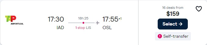 Summer flights from Washington DC to Oslo, Norway for only $159 one-way with TAP Air Portugal. Flight deal ticket image.