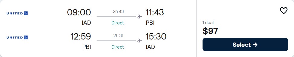Non-stop flights from Washington DC to West Palm Beach, Florida for only $97 roundtrip with United Airlines. Also works in reverse. Flight deal ticket image.