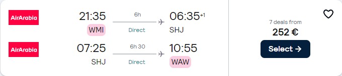 Non-stop flights from European cities to Sharjah, UAE from only €252 roundtrip. Flight deal ticket image.
