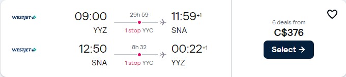 Click here to book this cheap flight deal. Cheap flights from Toronto, Canada to Santa Ana, California for only $376 CAD roundtrip. Flight deal ticket image.
