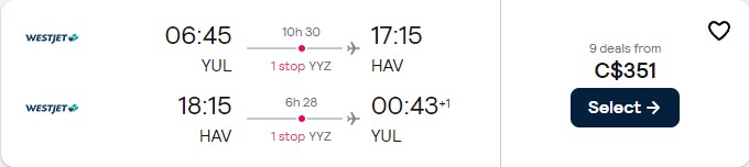 Cheap flights from Montreal, Canada to Havana, Cuba for only $351 CAD roundtrip. Flight deal ticket image.