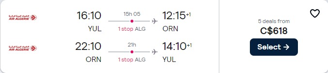 Cheap flights from Montreal, Canada to Oran, Algeria for only $620 CAD roundtrip with Air Algerie. Flight deal ticket image.