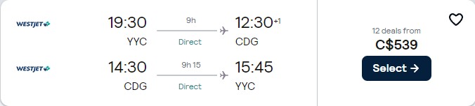 Non-stop flights from Calgary, Canada to Paris, France for only $541 CAD roundtrip. Flight deal ticket image.