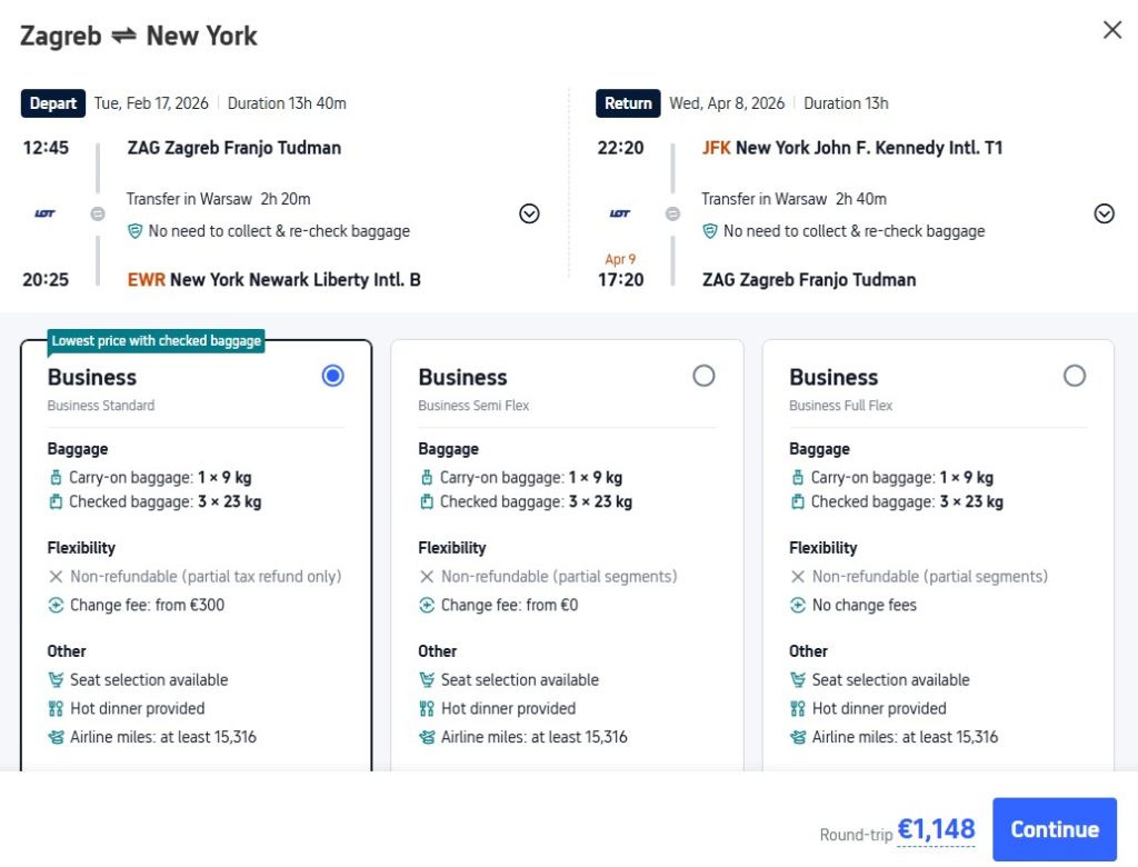 Business Class, summer flights from Zagreb, Croatia to New York, USA for only €1148 roundtrip with LOT Polish Airlines. Flight deal ticket image.