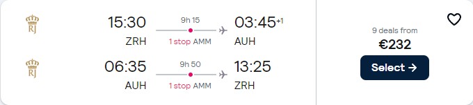 Cheap flights from Zurich, Switzerland to Abu Dhabi, UAE for only €232 roundtrip. Flight deal ticket image.