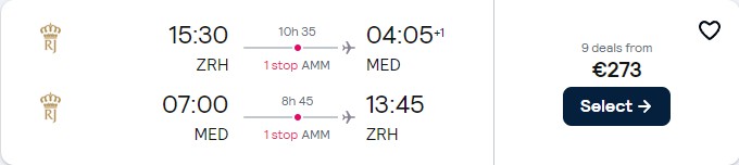Cheap flights from Zurich, Switzerland to Medina, Saudi Arabia for only €273 roundtrip. Flight deal ticket image.