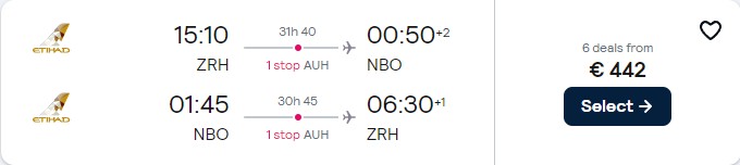 Cheap flights from Zurich, Switzerland to Nairobi, Kenya for only €442 roundtrip with Etihad Airways. Flight deal ticket image.