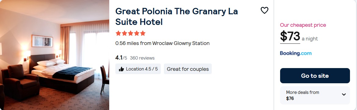 Click here to book this cheap flight deal. Stay at the 5 Stars* Great Polonia The Granary La Suite Hotel in Wroclaw, Poland for only $73 USD per night. Flight deal ticket image.