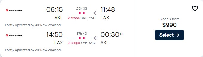 Cheap flights from Auckland, New Zealand to US cities from only $998 NZD roundtrip with Air Canada. Flight deal ticket image.