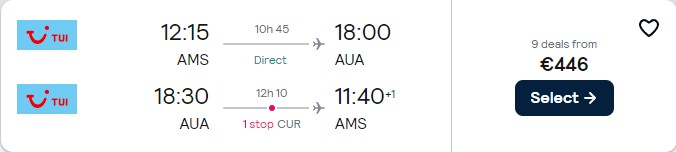 Cheap flights from Amsterdam, Netherlands to Aruba for only €446 roundtrip. Flight deal ticket image.