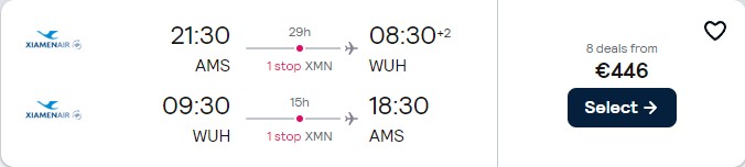 Cheap flights from Amsterdam, Netherlands to Wuhan, China for only €446 roundtrip with Xiamen Airlines. Flight deal ticket image.