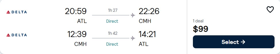 Non-stop flights from Atlanta to Columbus, Ohio for only $99 roundtrip with Delta Air Lines. Also works in reverse. Flight deal ticket image.