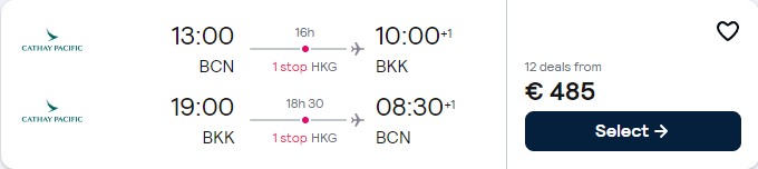 Cheap flights from Barcelona, Spain to Bangkok, Thailand for only €485 roundtrip with Cathay Pacific. Flight deal ticket image.