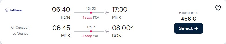 Click here to book this cheap flight deal. Cheap flights from Barcelona or Madrid, Spain to Mexico City, Mexico from only €468 roundtrip with Lufthansa and Air Canada. Flight deal ticket image.