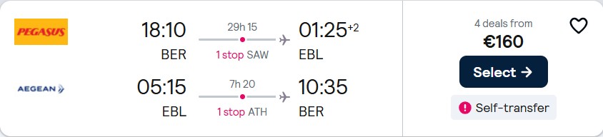 Cheap flights from German cities to Erbil, Iraq from only €160 roundtrip with Aegean Airlines. Flight deal ticket image.