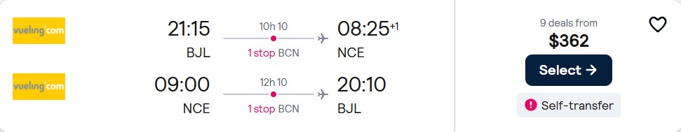 Summer flights from Banjul, Gambia to Nice, France for only $362 USD roundtrip. Flight deal ticket image.