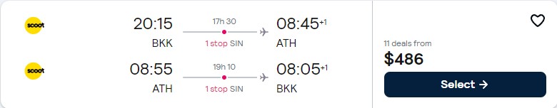 Click here to book this cheap flight deal. Cheap flights from Bangkok, Thailand to Athens, Greece for only $486 USD roundtrip. Flight deal ticket image.