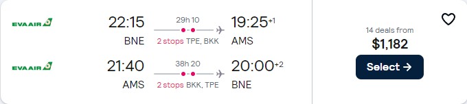 Cheap flights from Brisbane, Australia to Amsterdam, Netherlands for only $1182 AUD roundtrip with EVA Air. Flight deal ticket image.