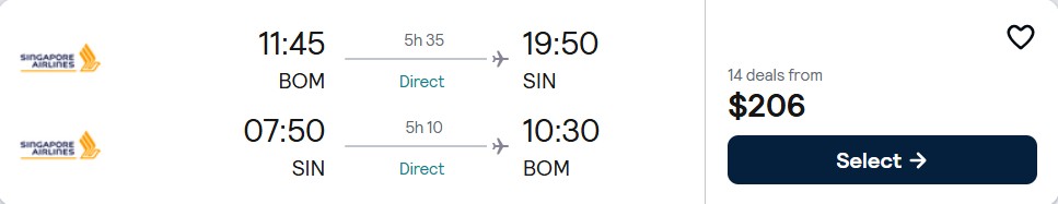 Non-stop flights from Mumbai, India to Singapore for only $206 USD roundtrip with Singapore Airlines. Flight deal ticket image.