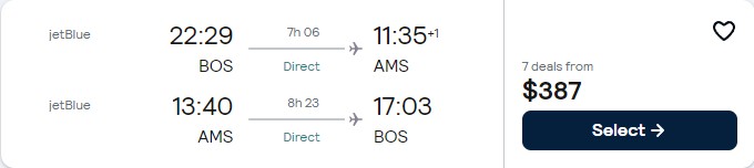 Non-stop flights from Boston to Amsterdam, Netherlands for only $387 roundtrip with JetBlue. Flight deal ticket image.