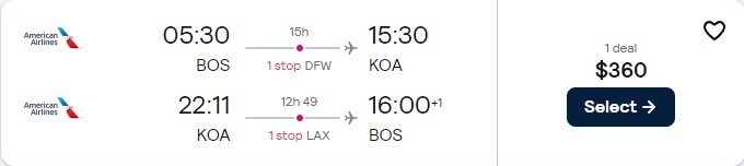 Cheap flights from Boston to Kona, Hawaii for only $360 roundtrip with American Airlines. Also works in reverse. Flight deal ticket image.