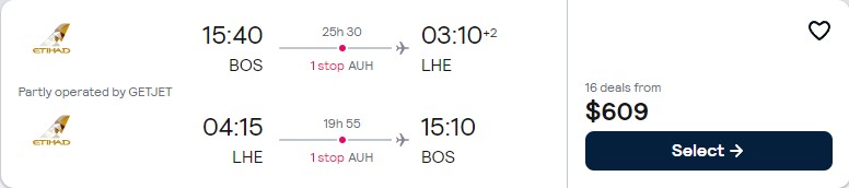 Cheap flights from Boston to Lahore, Pakistan for only $609 roundtrip with Etihad Airways. Flight deal ticket image.
