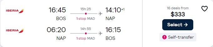 Cheap flights from Boston to Naples, Italy for only $333 roundtrip with Iberia. Flight deal ticket image.