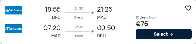 Non-stop flights from Brussels, Belgium to Madrid, Spain for only €75 roundtrip with Air Europa. Flight deal ticket image.