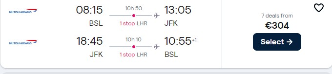 Click here to book this cheap flight deal. Cheap flights from Swiss cities to US cities from only €304 roundtrip with British Airways. Flight deal ticket image.