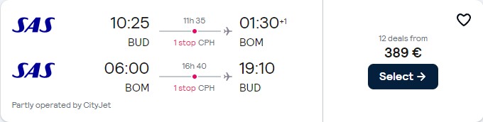 Cheap flights from Budapest, Hungary to Mumbai, India for only €387 roundtrip with Scandinavian Airlines. Flight deal ticket image.