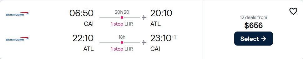Click here to book this cheap flight deal. Cheap flights from Cairo, Egypt to Atlanta, USA for only $656 USD roundtrip with British Airways. Flight deal ticket image.