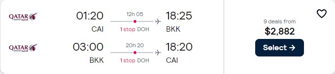 Click here to book this cheap flight deal. First Class flights from Cairo, Egypt to Bangkok, Thailand for only $2882 USD roundtrip with Qatar Airways. Flight deal ticket image.
