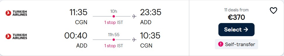 Cheap flights from Cologne, Germany to Addis Ababa, Ethiopia for only €370 roundtrip with Turkish Airlines. Flight deal ticket image.