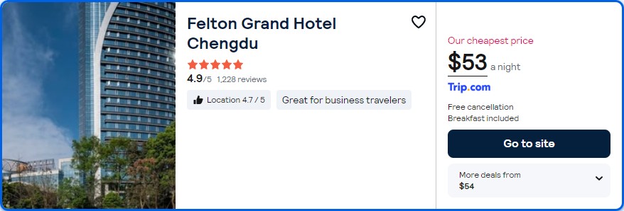 Stay at the Unspecified* Felton Grand Hotel Chengdu in Chengdu, China for only $53 USD per night. Flight deal ticket image.