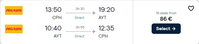 Non-stop flights from Copenhagen, Denmark to Antalya, Turkey for only €86 roundtrip. Flight deal ticket image.