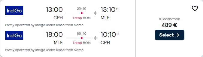 Cheap flights from Copenhagen, Denmark to the Maldives for only €489 roundtrip. Flight deal ticket image.