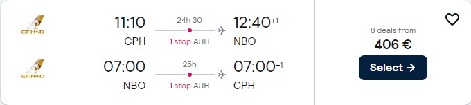 Cheap flights from Copenhagen, Denmark to Nairobi, Kenya for only €406 roundtrip with Etihad Airways. Flight deal ticket image.