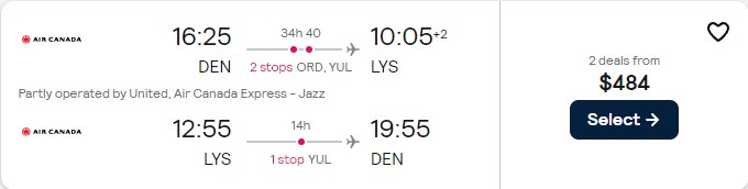Click here to book this cheap flight deal. Cheap flights from US cities to French cities from only $484 roundtrip with United Airlines and Air Canada. Flight deal ticket image.