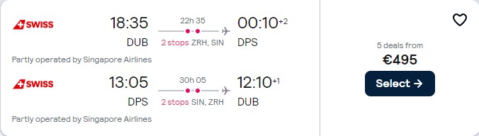 Cheap flights from Dublin, Ireland to Bali, Indonesia for only €495 roundtrip with Swiss International Air Lines and Singapore Airlines. Flight deal ticket image.