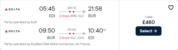 Cheap flights from Edinburgh, Scotland to Burbank, California for only £463 roundtrip with KLM, Delta Air Lines and Air France. Flight deal ticket image.