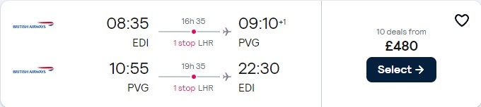 Cheap flights from Edinburgh, Scotland to Shanghai, China for only £480 roundtrip with British Airways. Flight deal ticket image.