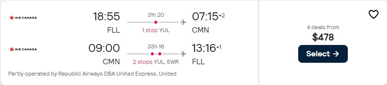 Click here to book this cheap flight deal. Cheap flights from Fort Lauderdale to Casablanca, Morocco for only $478 roundtrip with Air Canada and United Airlines. Flight deal ticket image.